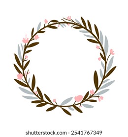Easter wreath with Easter eggs, flowers, leaves and branches on a white background. Decorative frame with Easter elements.