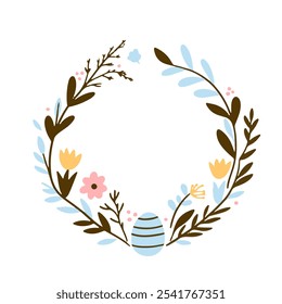 Easter wreath with Easter eggs, flowers, leaves and branches on a white background. Decorative frame with Easter elements.