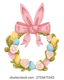 Corona de Pascua con huevos, flores y arco de ping con orejas de conejo