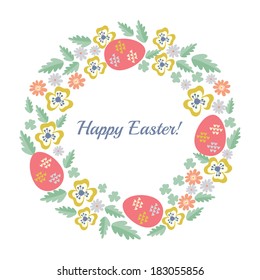 Easter wreath with eggs. Easter frame with colorful flowers