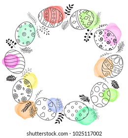 Easter wreath with easter eggs hand drawn on white background. Easter eggs with ornaments in circle shape with watercolor dots