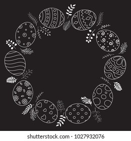 Easter wreath with easter eggs hand drawn on black background. Easter eggs with ornaments in circle