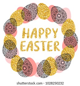 Easter wreath with easter eggs hand drawn vector illustration. Decorative doodle frame from Easter eggs. Easter eggs with ornaments in circle shape