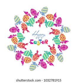 Easter wreath with easter eggs hand drawn on white background. Decorative frame of Easter eggs, colored bows and ribbons, arranged in a circle shape and decorated with ornament, dots, wavy lines.
