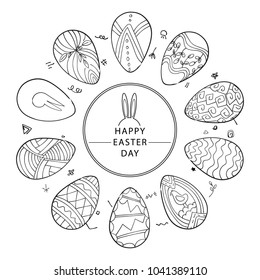 Easter wreath with easter eggs hand drawn black on white background. Decorative doodle frame style. vector illustration.