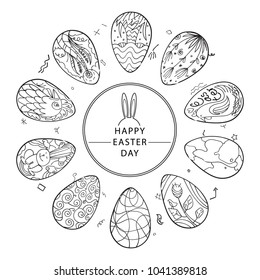 Easter wreath with easter eggs hand drawn black on white background. Decorative doodle frame style. vector illustration.