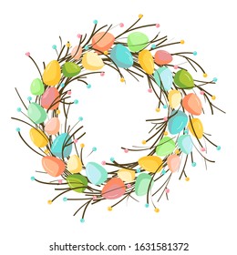 Easter wreath with eggs hand drawn on white background. Decorative doodle frame from eggs and floral elements. Happy Easter eggs with ornaments in circle shape. Greeting card.