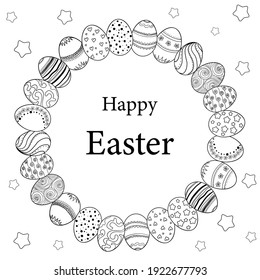 Easter wreath with easter eggs hand drawn on white background. Easter eggs and stars with ornaments in circle shape 