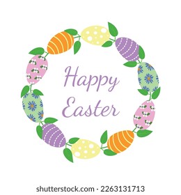 Easter wreath with easter eggs hand drawn on white background. Easter eggs with ornaments in circle shape with leaf
