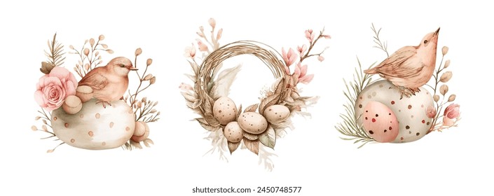 Easter wreath with easter eggs hand drawn black on white background. Decorative doodle frame from Easter eggs and floral elements. Easter eggs with ornaments in circle shape. 