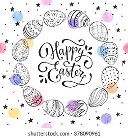 Easter wreath with easter eggs hand drawn black on white background. Decorative frame from eggs. Easter eggs with ornaments in circle shape with watercolor dots and black stars.