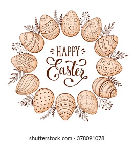 Easter wreath with easter eggs hand drawn black on white background. Decorative doodle frame from Easter eggs and floral elements. Easter eggs with ornaments in circle shape.
