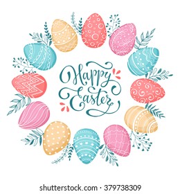 Easter wreath with easter eggs hand drawn black on white background. Decorative doodle frame from Easter eggs and floral elements. Easter eggs with ornaments in circle shape. Easter greeting card.