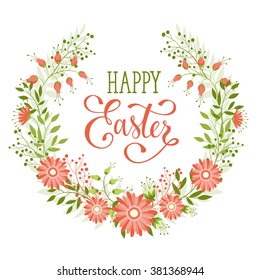 Easter wreath with easter eggs hand drawn black on white background. Decorative doodle frame from Easter eggs and floral elements. Easter eggs with ornaments in circle shape. Easter greeting card.