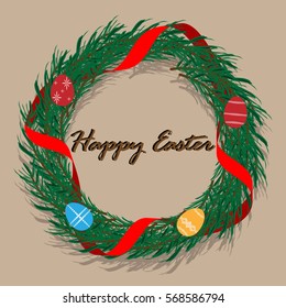 Easter wreath, eggs, needles, ribbon, vector illustration