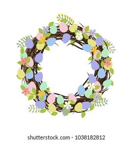 Easter wreath with eggs on the white background. Vector illustration