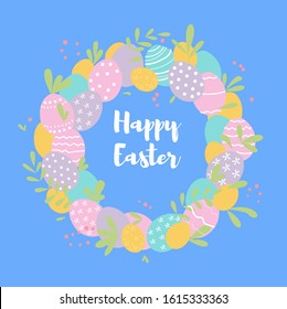 Easter wreath with easter eggs on white background. Decorative doodle frame from Easter eggs and floral elements. Easter greeting card. Vector illustration in modern flat style.