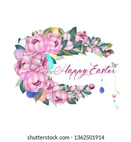 Easter wreath with easter eggs. Easter eggs with ornaments in circle shape. Floral spring templates with cute flowers and painted eggs. Endless horizontal pattern brush with eggs.