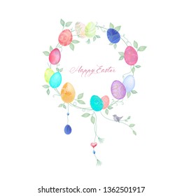 Easter wreath with easter eggs. Easter eggs with ornaments in circle shape. Floral spring templates with cute flowers and painted eggs. Endless horizontal pattern brush with eggs.
