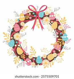 Easter wreath with eggs, painted flowers, ribbons, wreaths and a bow. Decorative frame of eggs and floral elements. Happy Easter eggs with a circle ornament. Greeting card.