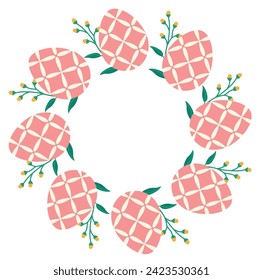 Easter wreath with Easter eggs, Pink eggs with a green flower sprig on a transparent background. Decorative frame made of Easter eggs and floral elements. Easter eggs with hearts in the shape of a