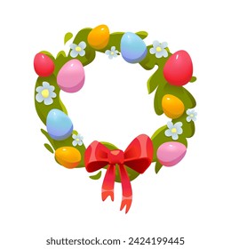 Wreath de Pascua con huevos, flores y boyas rojas. Para el diseño de tarjetas de Pascua, afiches, carteles. Ilustración vectorial en estilo de caricatura.