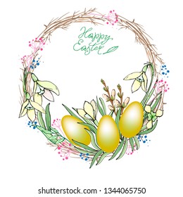 Easter wreath with easter eggs and spring flowers Decorative doodle decoration of Easter eggs and floral elements Handwritten inscriptions Isolated on white background Vector graphics
