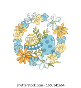 Easter wreath with eggs and spring flowers. Vector illustration