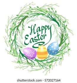 Easter wreath with easter eggs and twigs and leaves. Decorative frame from floral elements and Easter eggs. Vector illustration