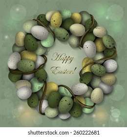 Easter wreath of eggs and twigs with place for text. Holiday background.