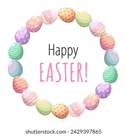 Corona de Pascua con huevos. Tarjeta de felicitación vectorial con cuadro de texto