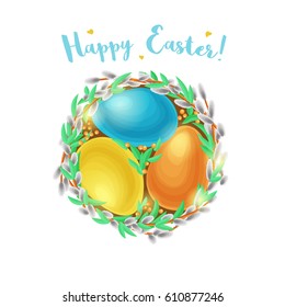 Easter wreath with eggs, willow branches, green leafs