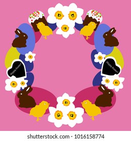 Easter wreath with flower eggs cake heart and bunny on the pink background