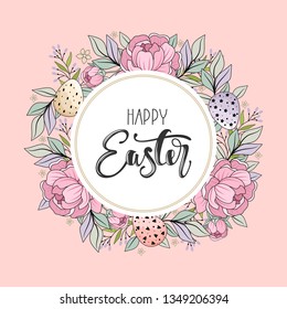 Easter wreath with flowers, branches and eggs. Inscription Happy Easter Day.
