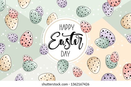 Easter wreath with flowers, branches and eggs. Inscription Happy Easter Day.