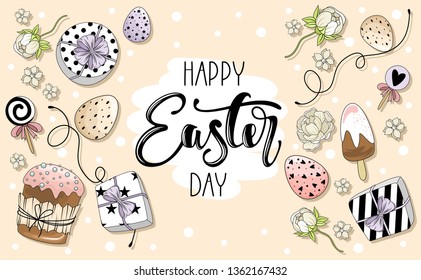 Easter wreath with flowers, branches and eggs. Inscription Happy Easter Day.