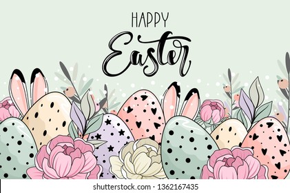 Easter wreath with flowers, branches and eggs. Inscription Happy Easter Day.