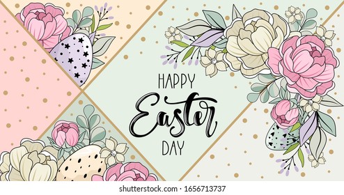 Easter wreath with flowers, branches and eggs. Inscription Happy Easter Day. For textiles, postcards, and Wallpapers.
 Printing on fabric, paper, cards, invitations.