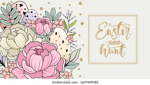 Osterkranz mit Blumen, Ästen und Eiern. Einschreibung Frohe Ostern Tag. Für Textilien, Postkarten und Bildschirmhintergründe.
 Druck auf Stoff, Papier, Karten, Einladungen.
