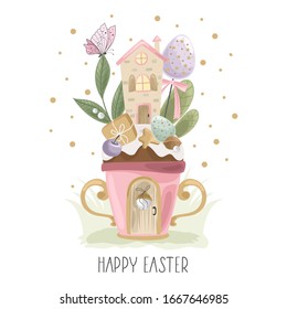 Easter wreath with flowers, branches and eggs. Inscription Happy Easter Day. 