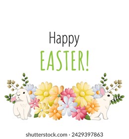 Easter wreath with flowers and bunny. Vector greeting card with textbox