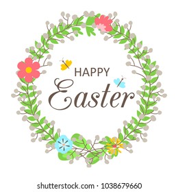 Easter wreath with flowers, butterflies, leaves and phrase - Happy Easter isolated vector illustration for your design.