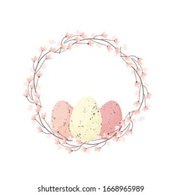 Easter wreath with flowers and chick. Greeting card. The symbol of spring. Vector illustration.
