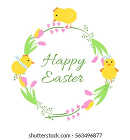 Easter wreath with flowers and cute chicks. Vector illustration.
