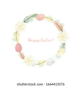 Easter wreath with flowers and eggs. Greeting card. The symbol of spring. Vector illustration.
