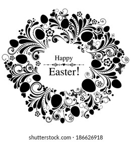Easter wreath with flowers and eggs.  Greeting card. Vintage background. Vector Illustration