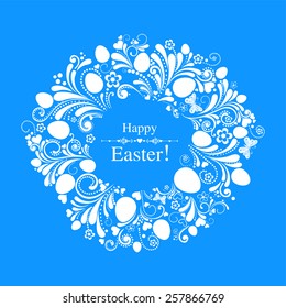 Easter wreath with flowers and eggs. Greeting card. Vintage background. Vector Illustration