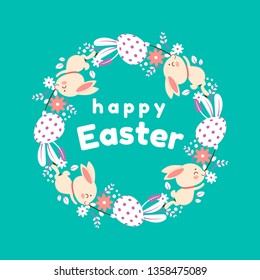 Easter wreath of flowers, eggs and rabbits. Isolated on turquoise background.
