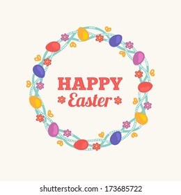 Easter wreath with flowers and eggs. Vector greeting card with text box.