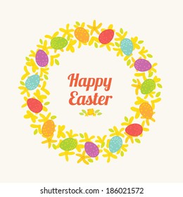 Easter wreath with flowers and eggs. Vector greeting card with text box